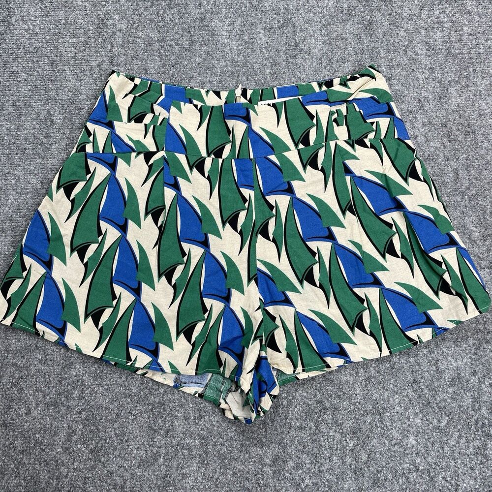 Zara Shorts Womens Medium Viscose Cotton Linen High Rise Zip Back Blue Green - Picture 2 of 10